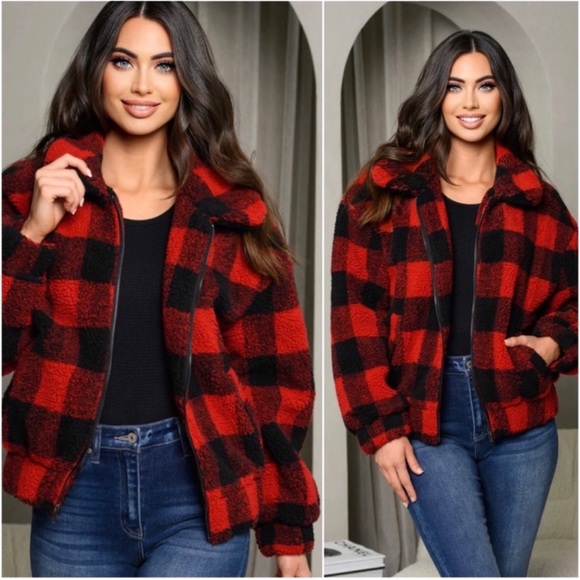 NEW Buffalo Plaid Deep Red Black Warm Lined Bomber Zippered Jacket - Picture 2 of 4